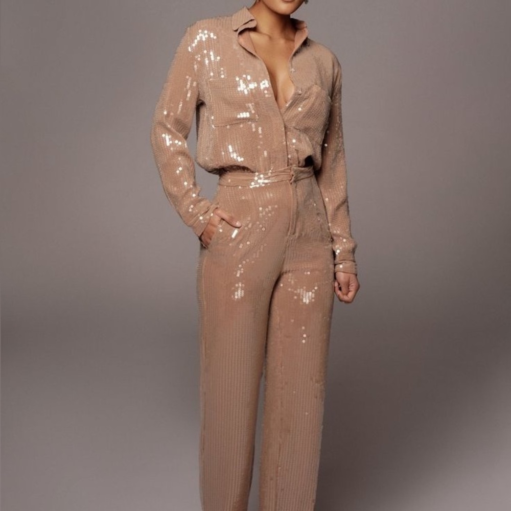 JLUXLABEL Shimmering Beige Sequin Ensemble - Picture 1 of 2